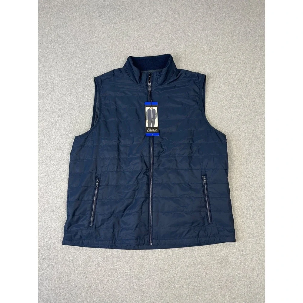 Banana Republic Sleeveless Vest Mens L‎ Blue Full Zip Quilted Lined Zip Pockets